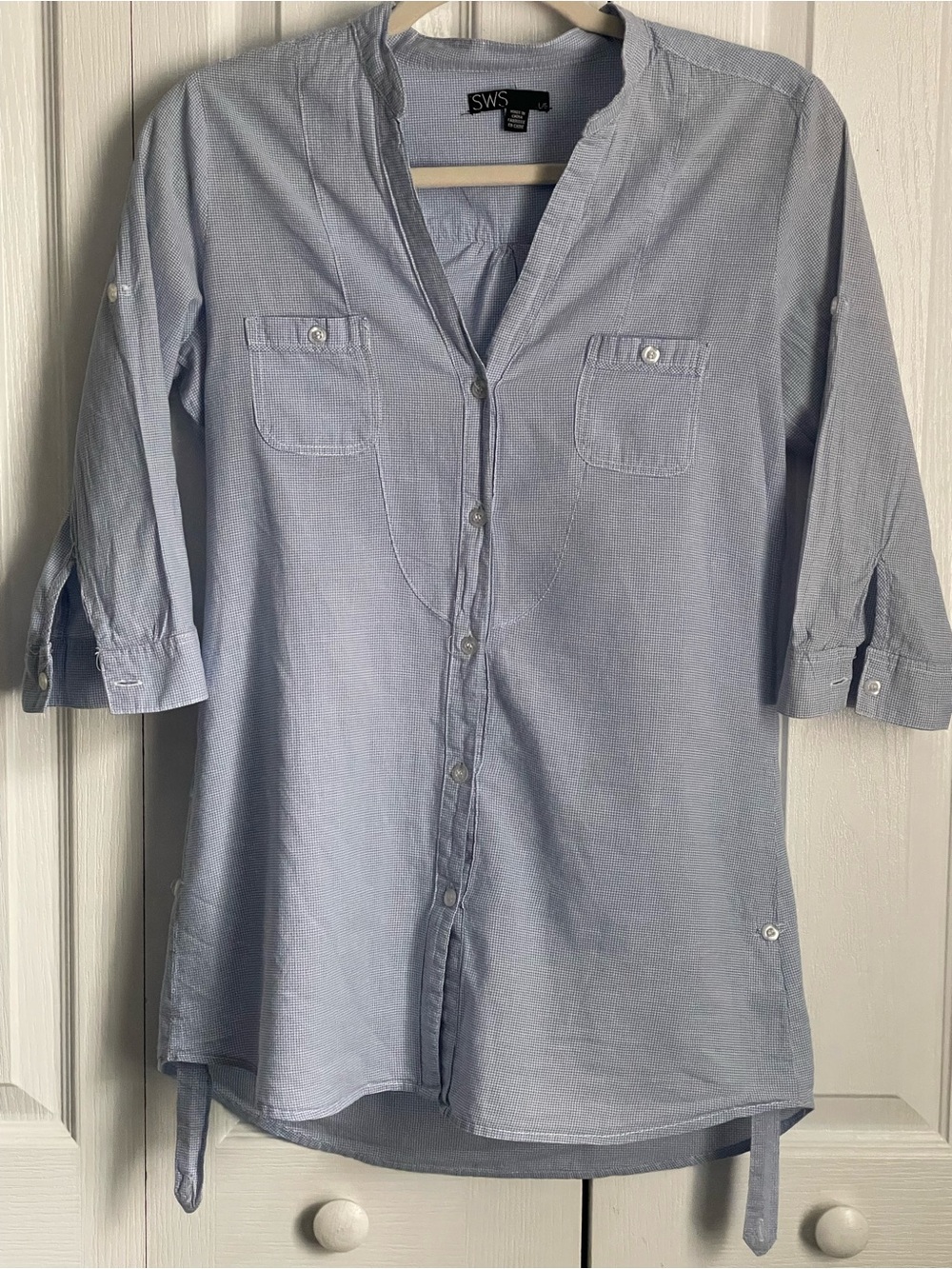 SWS Versatile Light Blue & Gingham Women's Blouse, LG (fits SM)